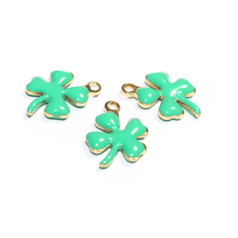 3 Charms Quadrifoglio in Acciaio Inox dorato smaltato tiffany 13x9mm