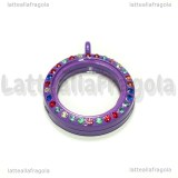 Ciondolo Apribile Tondo in metallo smaltato viola strass multicolor 29mm