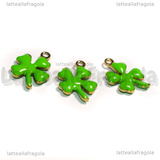3 Charms Quadrifoglio in Acciaio Inox dorato smaltato verde 13x9mm